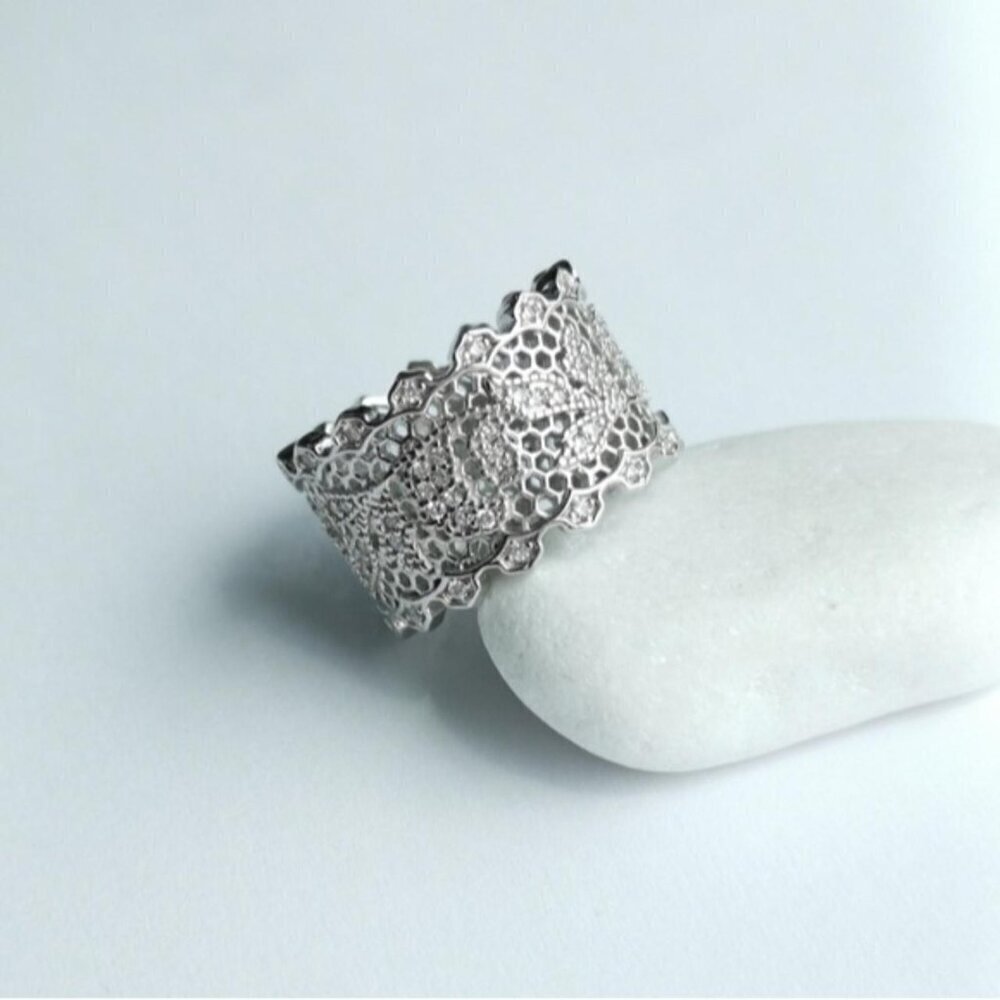 Filigree sterling silver cz wide band eternity band ring size 8.25 ๐ - Picture 5 of 6